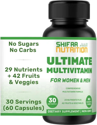 SHIFAA NUTRITION Multivitaminas halal para mujeres, hombres y adultos, 30 porciones | Hierro, vitamina A, B6, B12, biotina, niacina, C, D3, E, zinc,