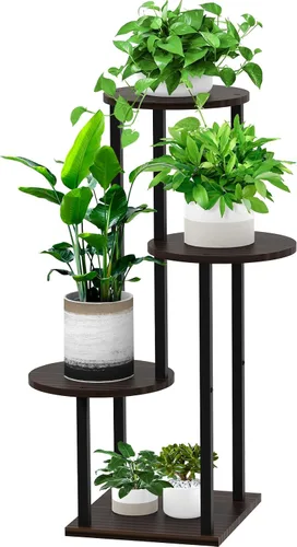 Miniatura 9 de Soporte alto de madera de 4 niveles para plantas, estante de metal para interiores, múltiples estantes para macetas, estante de esquina, estante