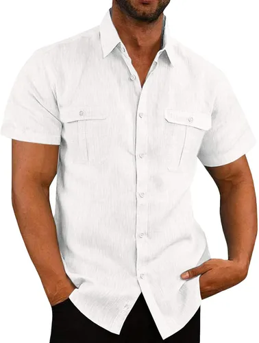 Miniatura 10 de Men's Cuban Guayabera Linen Shirts Solid Color Casual Short Sleeve Button Down Shirt Summer Beach Tops with Pockets
