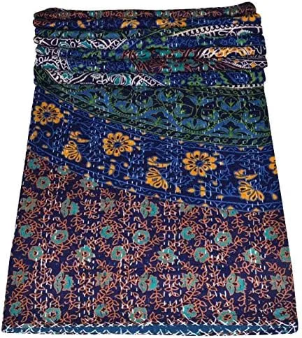 Miniatura 7 de YUVANCRAFTS Colcha vintage india Kantha con estampado tradicional de mandala Kantha, manta de edredón (azul y verde, tamaño individual)