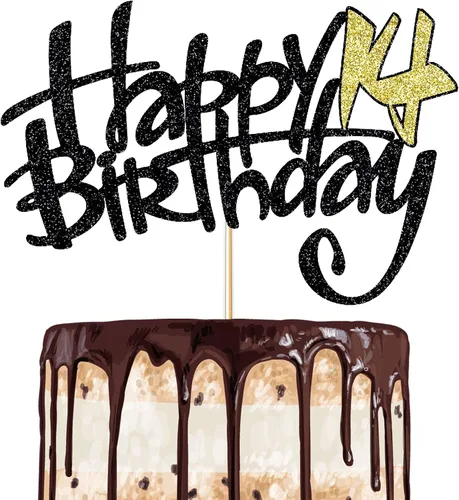 1 paquete de 14 decoraciones para tarta de cumpleaños de color negro y dorado, brilla en la luz. Suministros para fiestas de cumpleaños para niños o