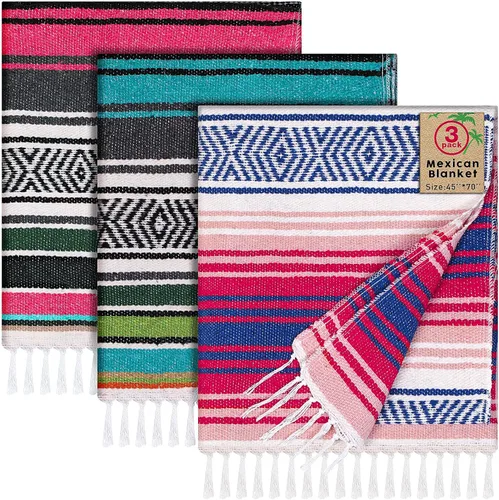 Oudain - Paquete de 3 mantas mexicanas de 45 x 70 pulgadas, manta tejida de sarape Baja para playa, picnic, camping, decoración bohemia para sofá,