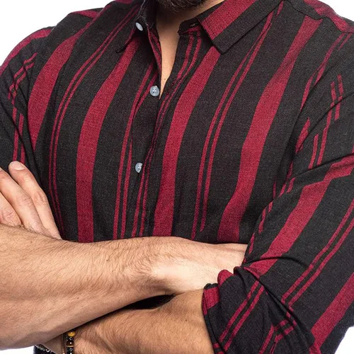 Miniatura 2 de Camisas con botones para hombre, estilo retro, a rayas, con bloques de color, estilo guayabera, estilo cubano, elástica, delgada, de manga larga