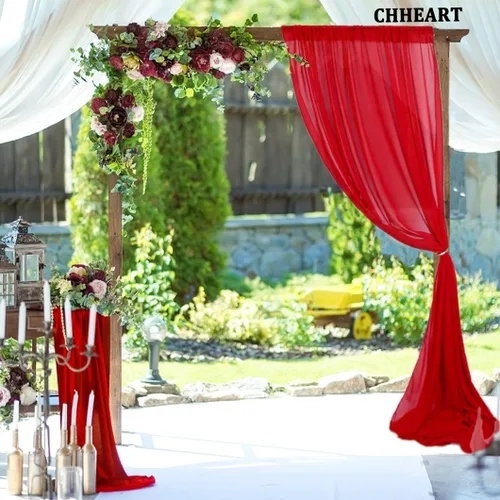 Miniatura 2 de Cortina de gasa roja de 5 x 7 pies, 2 paneles de telón de fondo de gasa para cortinas de decoración de boda, cortinas semitransparentes de tul