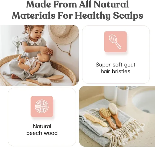 Miniatura 3 de Ullabelle Juego de 4 cepillos y peines de madera para el pelo del bebé para recién nacidos y niños pequeños en caja de regalo elegante, pelo natural