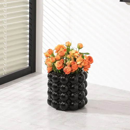 Miniatura 5 de Jarrón de burbujas, jarrón de cerámica negra para flores, jarrones bohemios para decoración del hogar, jarrones decorativos para sala de estar, Negro