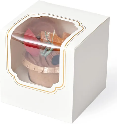 Miniatura 13 de Happyhiram Cajas para cupcakes, 50 unidades, color blanco, individual, soportes de cartón con inserto y ventana para magdalenas, bombas de cacao