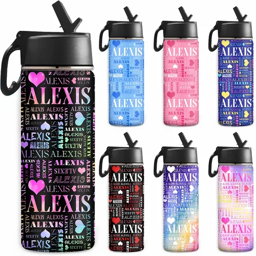 Miniatura 11 de Botella de agua personalizada, botella de agua deportiva personalizada con nombre, botella de acero inoxidable aislada al vacío con tapa