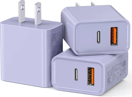 Miniatura 10 de Paquete de 3 cargadores tipo C, enchufe de pared USB C de doble puerto de 20 W PD y QC3.0 USB A bloque de carga rápida para Samsung Galaxy S24