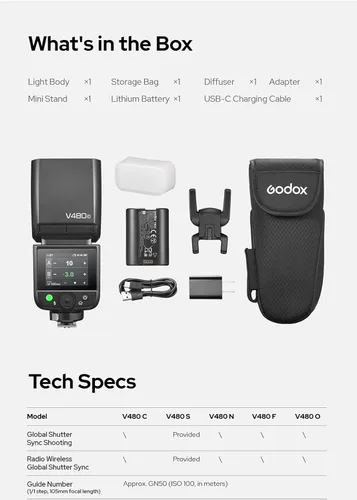 Miniatura 9 de Godox V480 para Canon GODOX TTL Flash - GN50/1.7s Recycle/650 Tiempos de flash/HSS/Lectura de distancia inteligente/Lámpara de modelado LED de 10