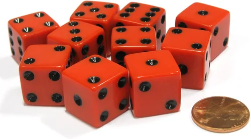 Juego de 10 dados cuadrados opacos de seis caras D6 de 0.630 in, color rojo con boquilla negra Koplow Games