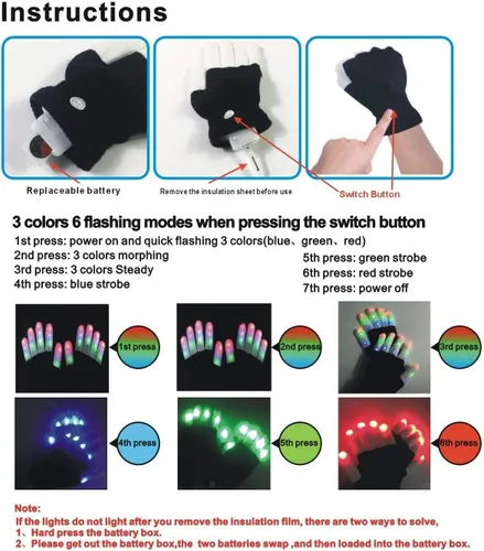 Miniatura 5 de WEICHUANGXIN - Guantes LED, luces en los dedos, 6 modos intermitentes, LED cálidos guantes, M