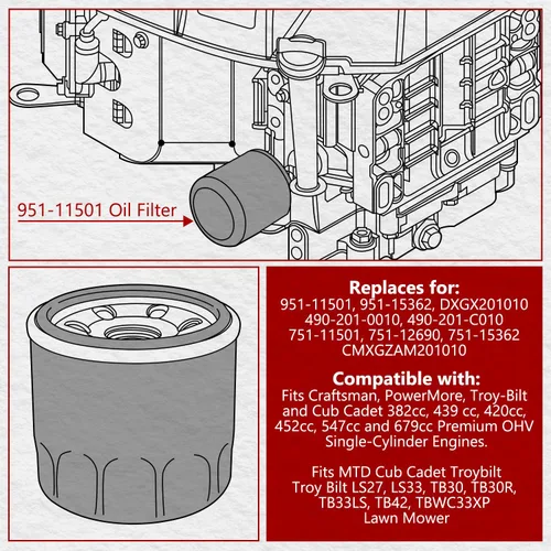 Miniatura 3 de 951-11501 Filtro de aceite para MTD Cub Cadet Troybilt 951-15362 751-15362 951-12690 Se adapta a cortacésped LS27 LS33 TB30 TB30R TB33LS TB42