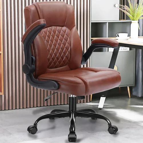 Miniatura 2 de Silla de cuero PU con soporte ergonómico lumbar, gira 360°, pequeña, ruedas, reposabrazos ajustables, para gente chaparra, para escritorio, Marrón