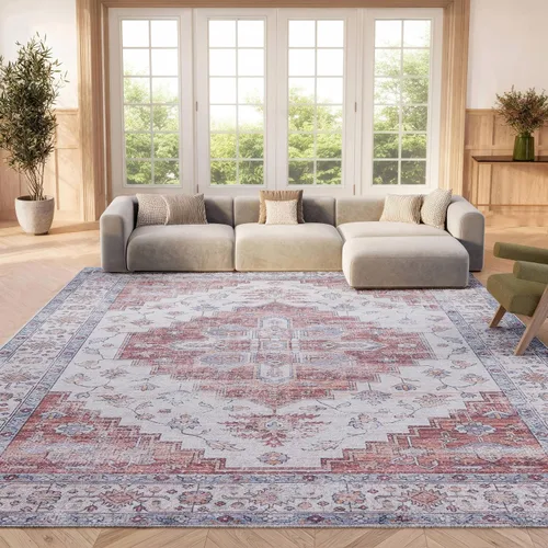 Miniatura 8 de SAFAVIEH Alfombra lavable Tucson Collection - 2 pies 6 pulgadas x 4 pies, beige y azul, antideslizante, ideal para zonas de alto tráfico en entrada