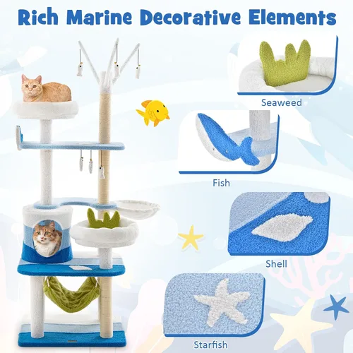 Miniatura 7 de Tangkula Árbol para gatos con temática oceánica, torre para gatos de varios niveles con postes rascadores de sisal, condominio, perca, hamaca