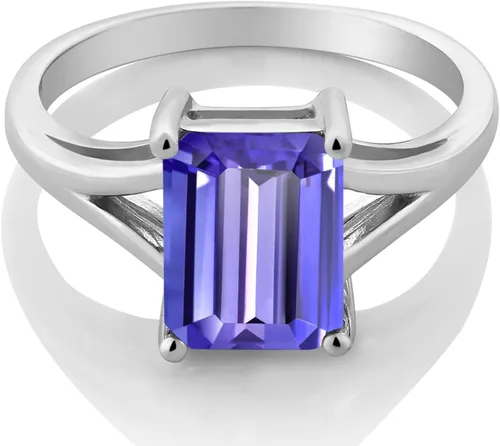 Miniatura 80 de Gem Stone King Anillo de compromiso solitario con diseño clásico de vástago dividido para mujer, plata de ley 925, piedra natal de piedra preciosa