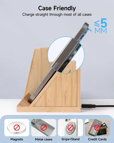Miniatura 9 de Portaplumas de bambú para escritorio y organizador de mesita de noche con carga inalámbrica rápida para iPhone, Samsung y más – Accesorios