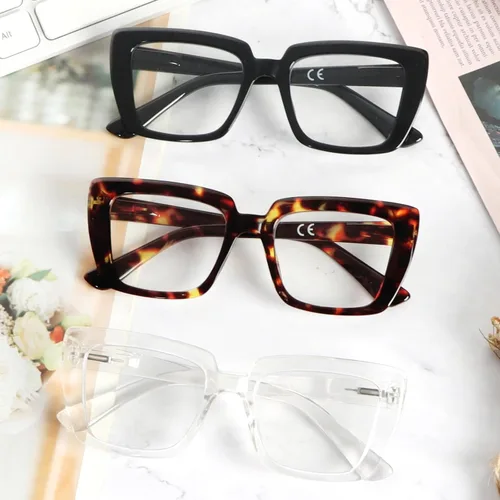 Miniatura 7 de REAVEE Paquete de 3 elegantes lentes de lectura para mujer, con bloqueo de luz azul, marco de gran tamaño con bisagra de resorte, lente transparente