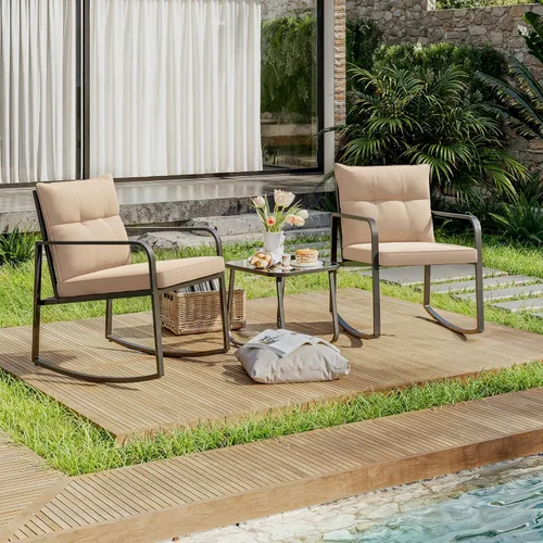 Miniatura 2 de Gizoon, Juego de 3 piezas de sillas mecedoras estilo bistró, muebles de patio de acero negro, juego de sillas para el porche con mesa de café