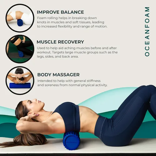 Miniatura 5 de Oceanfoam Tidal Roller - Azul Real - Rodillo de espuma para masaje muscular para dolor de espalda y estiramiento - Textura de onda ancha firme