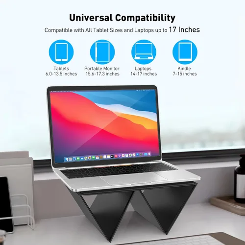 Miniatura 4 de AboveTEK Soporte ergonómico para laptop y tablet para escritorio, elevador plegable portátil, soporte de viaje de ángulo ajustable para MacBook Negro