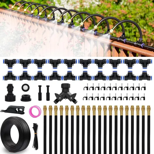 Drip Irrigation System Kit 100 FT with 32 Nozzles, 360° Adjustable Bendable Garden Watering Misting System for Greenhouse, Yard, Lawn, Plant,