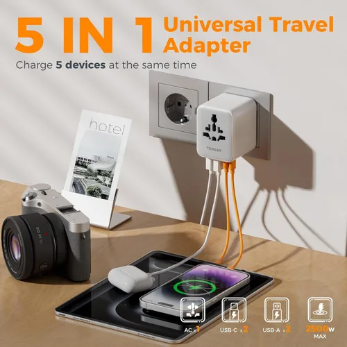 Miniatura 3 de TESSAN Adaptador de viaje universal, adaptador de corriente internacional con 4 puertos USB (1 USB C), adaptador de enchufe mundial cargador