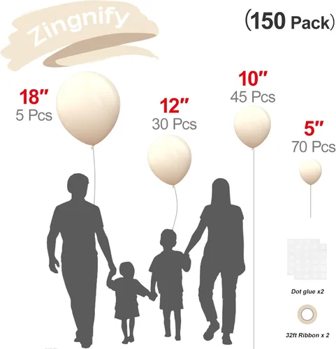 Miniatura 2 de Globos color beige, 150 unidades de diferentes tamaños, paquete de globos de 18 pulgadas, 12 pulgadas, 10 pulgadas, 5 pulgadas, color marfil crema
