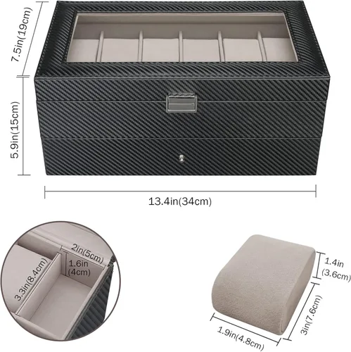 Miniatura 6 de Caja de reloj con 12 ranuras para hombres, organizador de joyas para hombre, estuche de exhibición con cajón, cajas de almacenamiento de relojes
