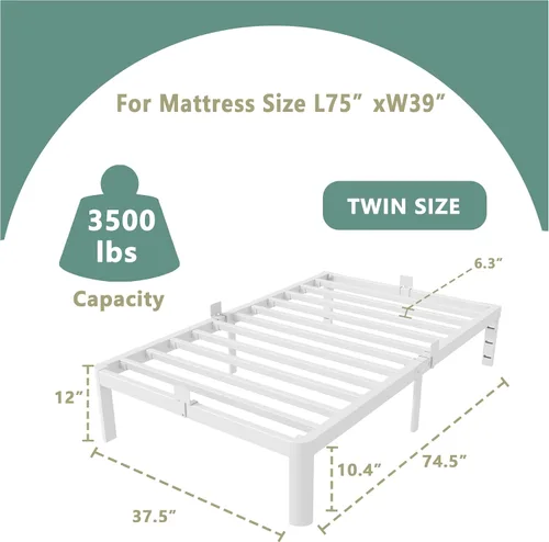 Miniatura 2 de ITIMIDI Marcos de cama individuales blancos de 12 pulgadas, marco de cama de plataforma de metal tamaño individual con patas de esquinas