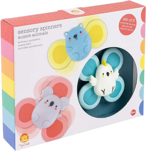 Tiger Tribe Spinners sensoriales para bebés, juego de animales australianos, masticables, sonajeros con ventosas, estimula las habilidades