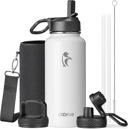 Miniatura 34 de Coolflask Botella de agua de 20 onzas aislada con pajilla, 3 tapas de metal de acero inoxidable, botella de agua de boca ancha para deportes u