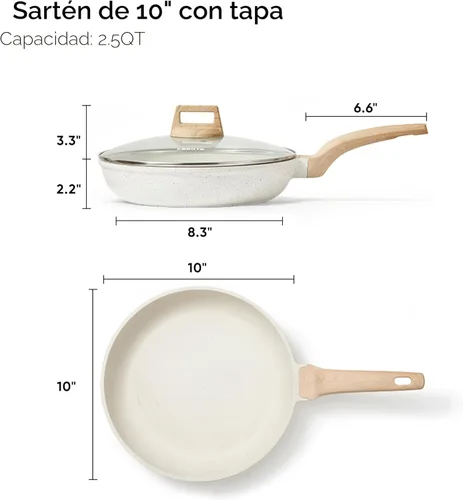 Miniatura 2 de CAROTE Sartén antiadherente, sartén antiadherente de 10 pulgadas con tapa de vidrio, sartenes para tortilla de huevos, utensilios de cocina de Blanco