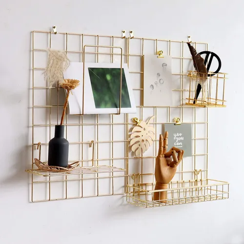 Miniatura 10 de Panel de rejilla de pared para exhibición de fotos, organizador de almacenamiento de pared, 5 clips de metal, 3 ganchos en S, 4 clavos, 4 hebillas