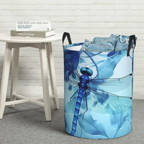 Miniatura 8 de Cesta circular con estampado de libélula azul artística impermeable, cesta organizadora de almacenamiento con asas para ropa, juguetes, pequeña
