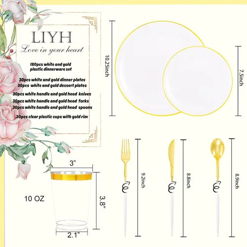 Miniatura 2 de LIYH - Juego de vajilla de plástico desechable de 180 piezas, color blanco y dorado, cubiertos de plástico dorados, platos desechables resistentes