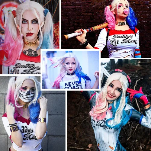 Miniatura 4 de WECAN Pelucas largas y rizadas rosas y azules para mujer, fiesta de cosplay y Halloween, fibras sintéticas, peluca Harley Quinn del escuadrón suicida