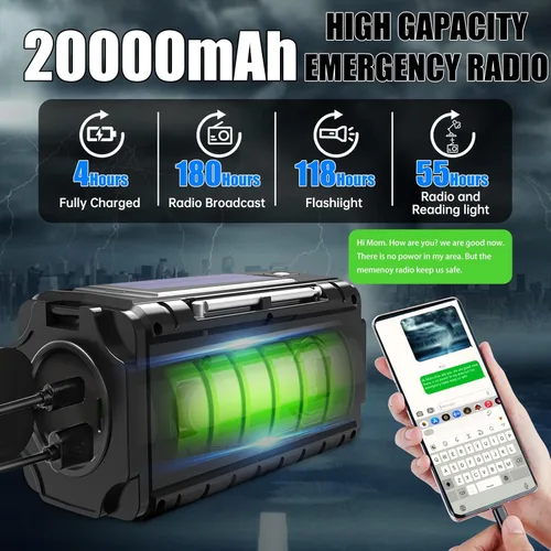 Miniatura 2 de Radio de emergencia con manivela solar, radio meteorológica AM/FM/SW NOAA integrada de 20000 mAh, batería grande, cargador tipo C, linterna, luz