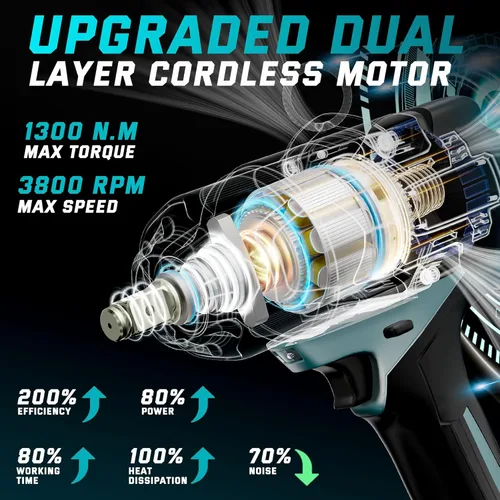 Miniatura 2 de Mejora de 1300N.m/1000Ft-lbs Llave de Impacto Inalámbrica, 2 Baterías de 5.0AH, Pistola de Impacto Eléctrica de 1/2 Pulgada, Cargador Rápido, Llave