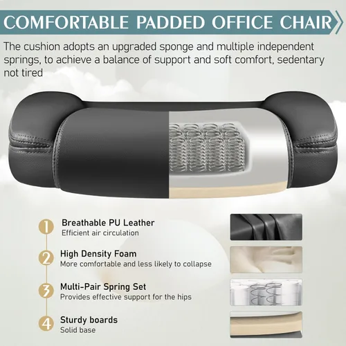 Miniatura 5 de Silla de cuero PU con soporte ergonómico lumbar, gira 360°, pequeña, ruedas, reposabrazos ajustables, para gente chaparra, para escritorio, Negro