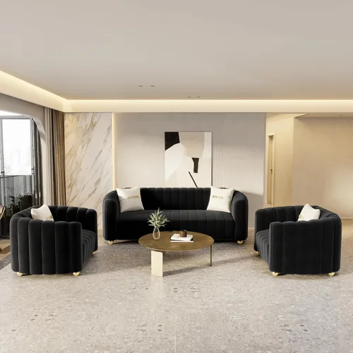 Miniatura 17 de Sofá de terciopelo negro de 83 pulgadas, sofá moderno de mediados de siglo para 3 personas Chesterfield copetudo de terciopelo con 2 almohadas