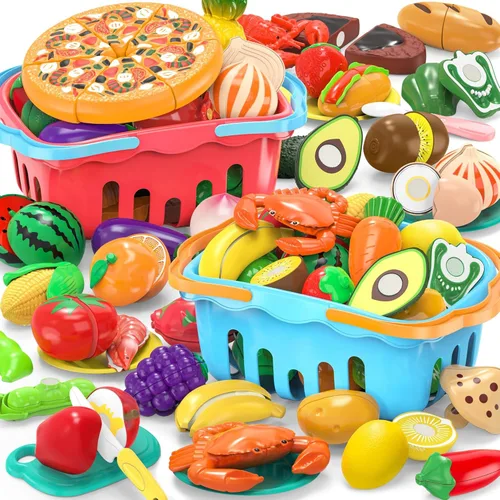 120 piezas de juguete de corte de comida de simulación para varios niños con 2 cestas de almacenamiento de colores, juego de comida de cocina para