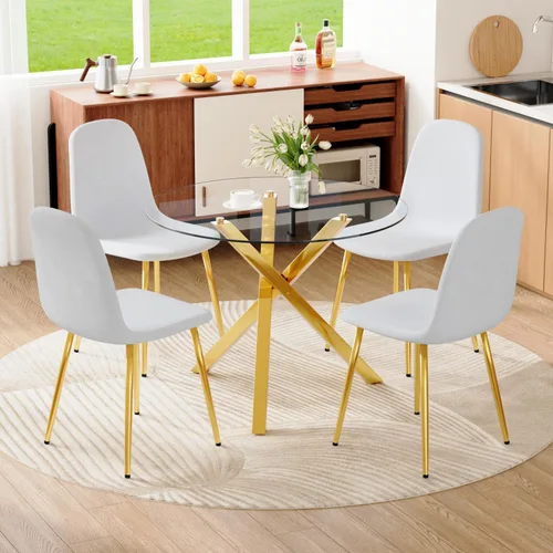 Miniatura 25 de Juego de mesa de comedor redonda para 6, juego de mesa de comedor de vidrio de 39 pulgadas con base de metal ajustable dorada en forma de X y 6