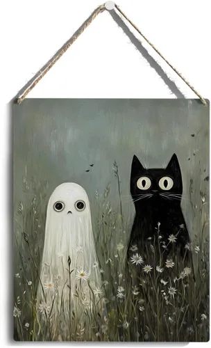 Bonita decoración de Halloween, letrero de puerta de fantasma y gato negro, letrero colgante de madera para interiores, granja, hogar, baño,