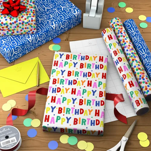 Miniatura 3 de Hallmark Mini rollos de papel de regalo de cumpleaños, paquete de 3 (lunares arcoíris y letras, Yay azul y blanco) para fiestas infantiles