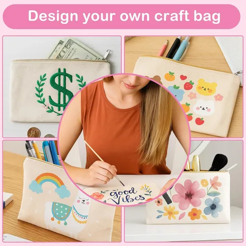 Miniatura 3 de meekoo Paquete de 16 bolsas de lona en blanco para cosméticos, bolsa de maquillaje con cremallera lisa, sublimación, manualidades DIY, bolsa de aseo