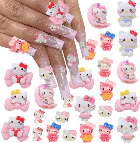 Miniatura 8 de 40 piezas de bonitos dijes de uñas de gato de dibujos animados 3D Kawaii con diseño de gato, gemas y diamantes de imitación, joyas de uñas para uñas
