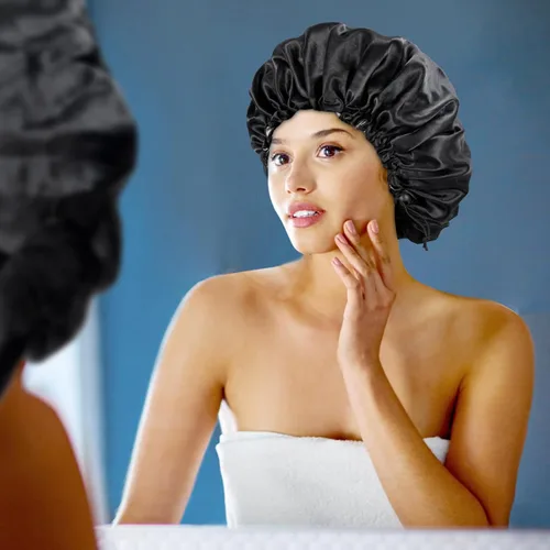 Miniatura 5 de Gorro de seda de satén para cabello rizado, gorro trenzado para dormir, para mujer, grande, doble capa ajustable (2 unidades, negro)