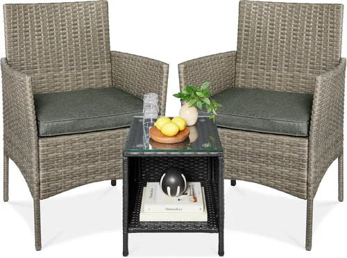 Miniatura 22 de Best Choice Products Juego de 3 piezas de mimbre para conversación al aire libre, muebles de patio que ahorran espacio para jardín con mesa